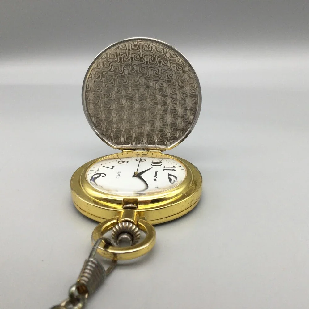 Milan Pocket Watch Men 48mm Silver Gold Tone Truck Full Hunter Chain New Battery